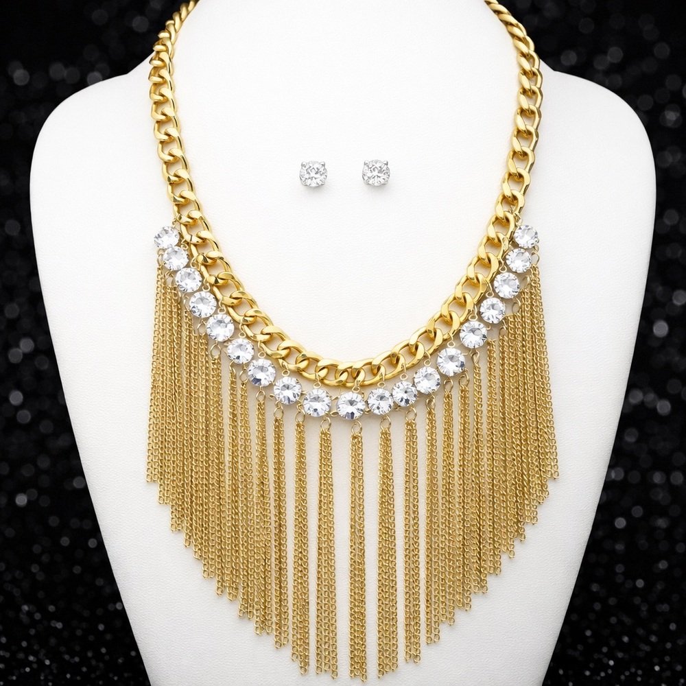 Crystal Tassel Cz Chain Link Dangle statement Tennis Necklace Earring Set Gold